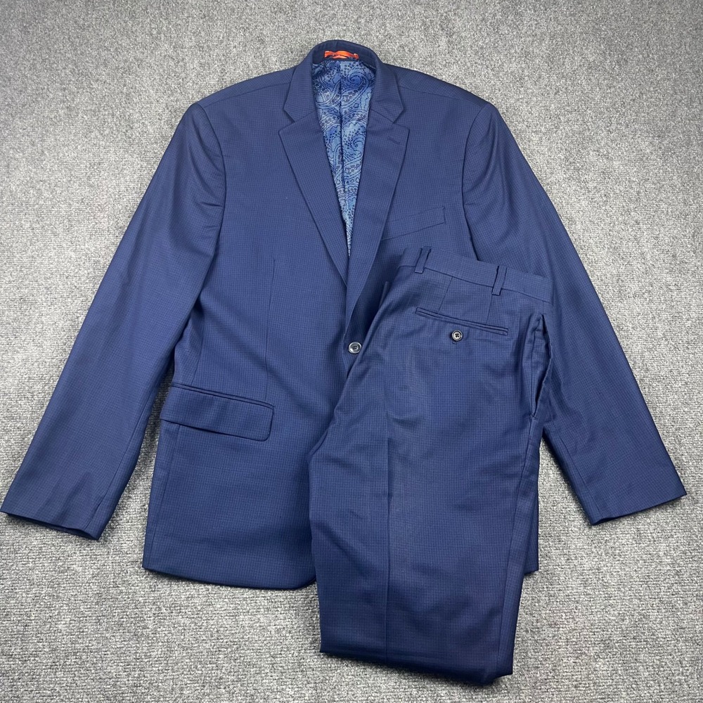 Lord & Taylor Talia Mens 2 Piece Suit 44R Blue Wool Micro Check Paisley Lining